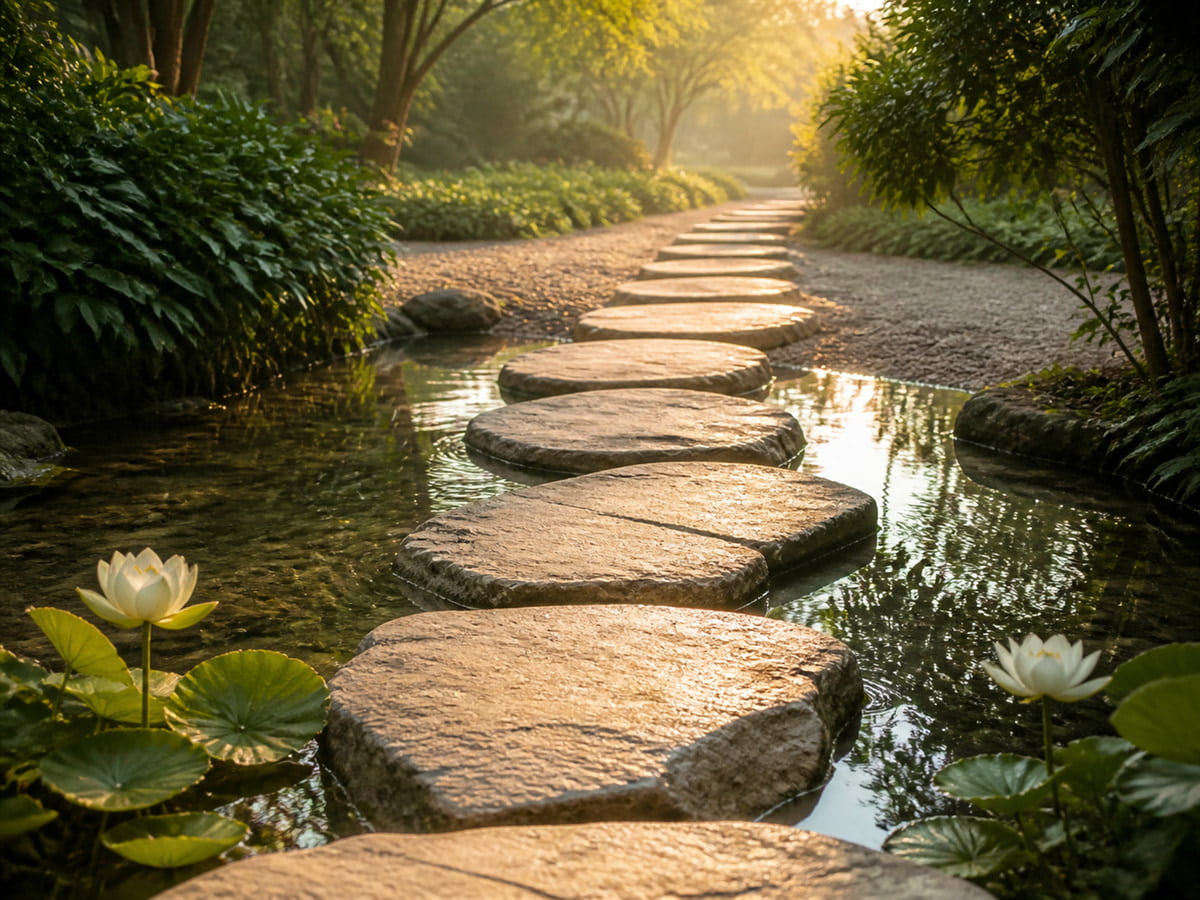 A calm path leading towards a lotus, symbolising intention supported by purposeful action